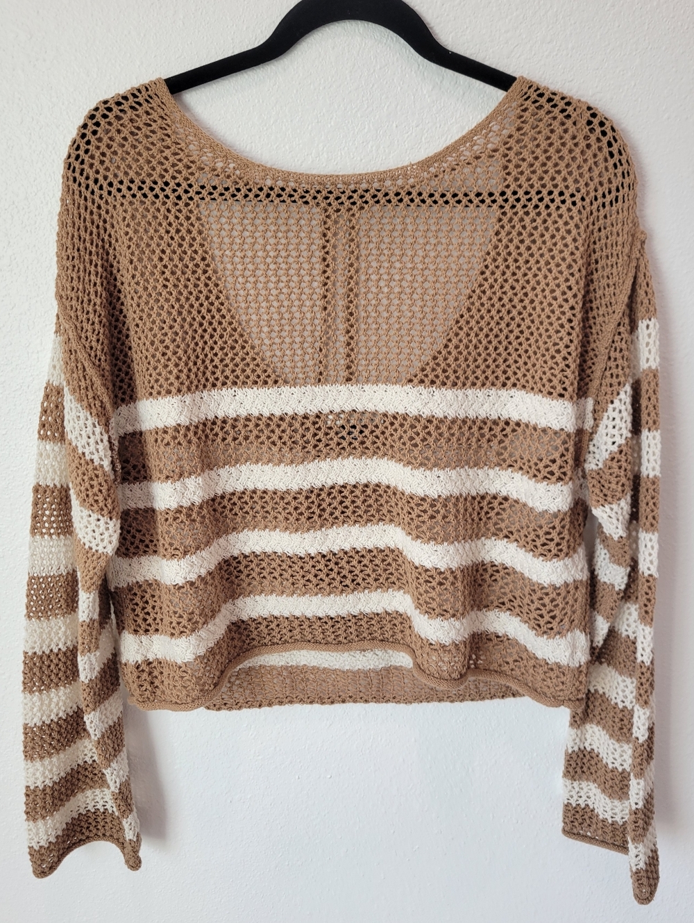 American Eagle Women’s L Tan White Striped Crochet Crop Sweater Scoop Back Tasse